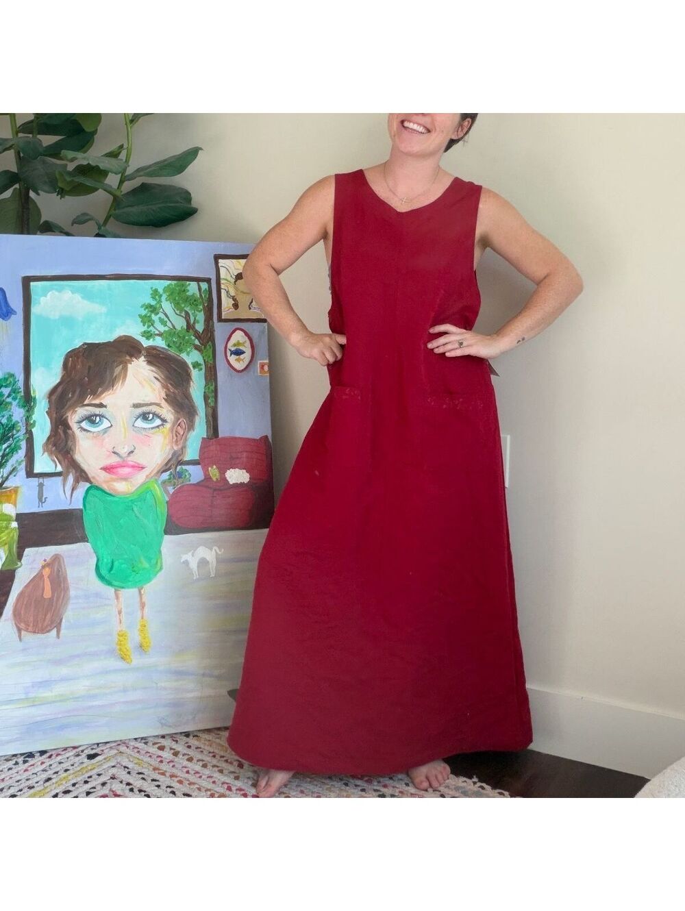 Vintage 90s red overall dress, pinafore red sleeveless maxi dress